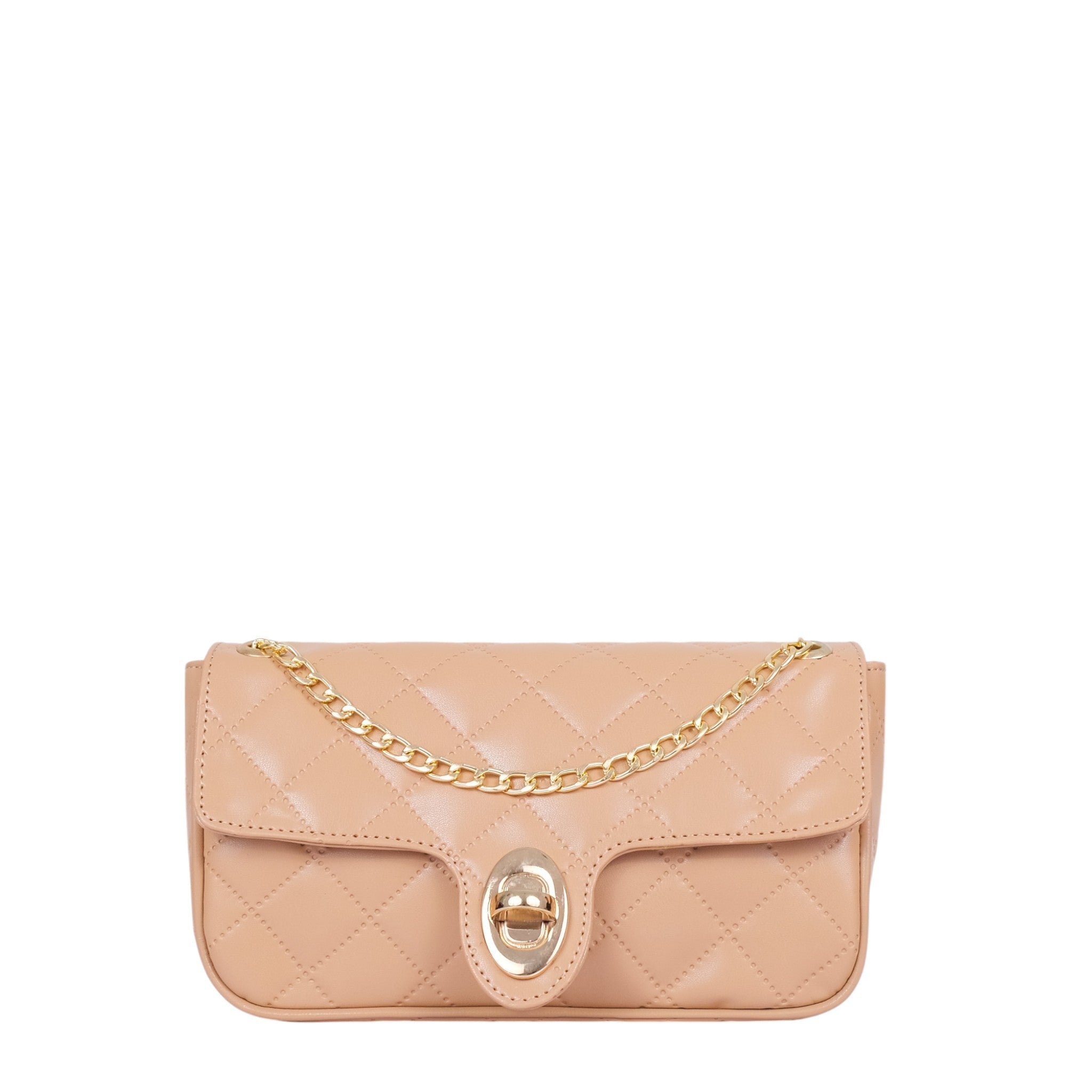 Premier Leather Beige Quilted Small Shoulder Bag With Chain