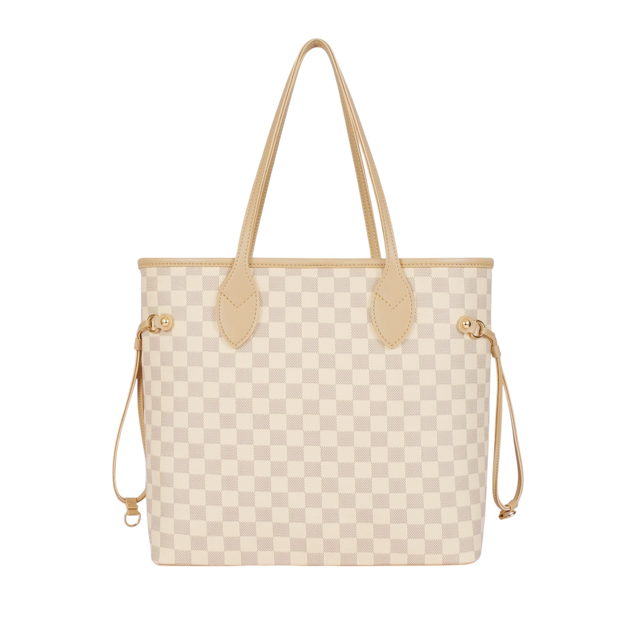 Premier Leather Beige Checkered Never full Tote Bag Zipper Pocket