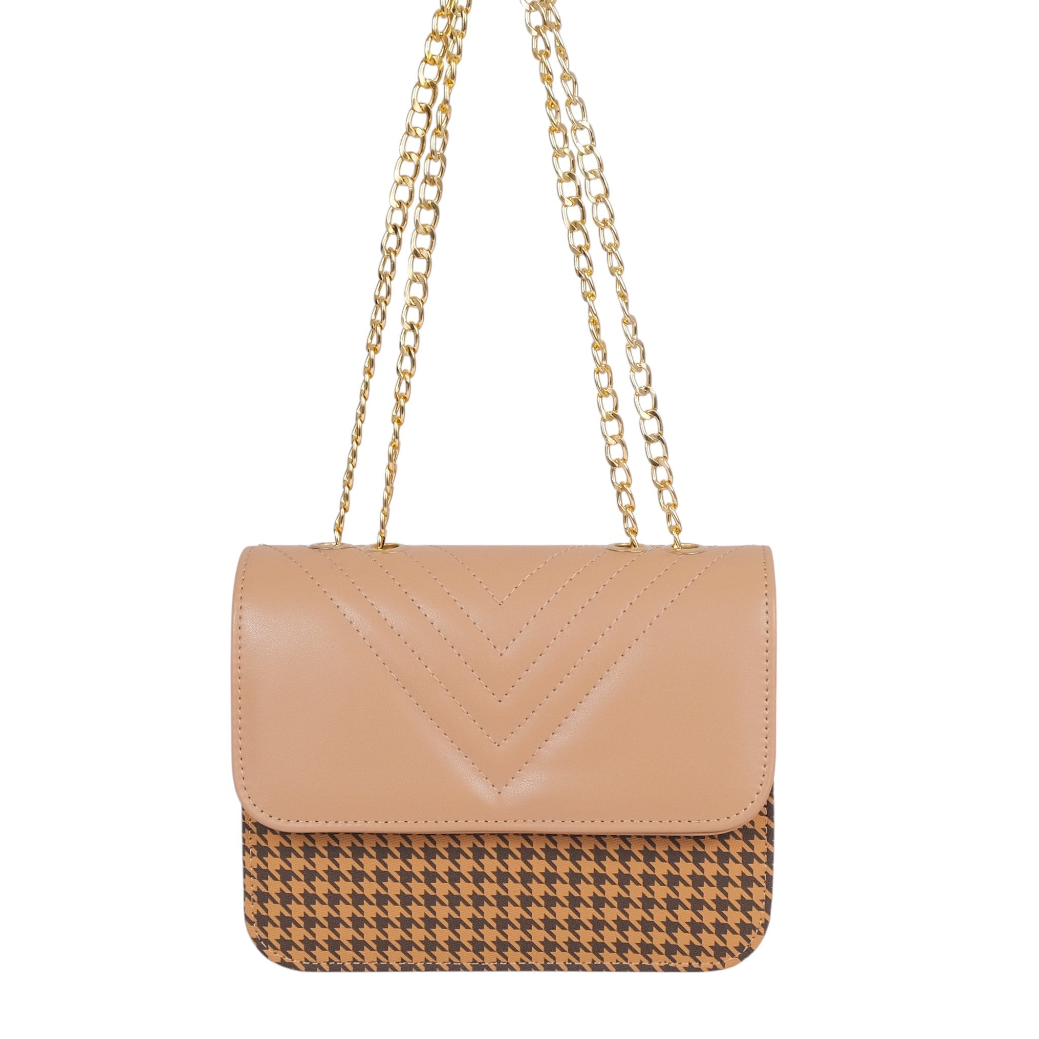 Premier Leather Beige Faux Leather Houndstooth Chain Cross-Body Bag