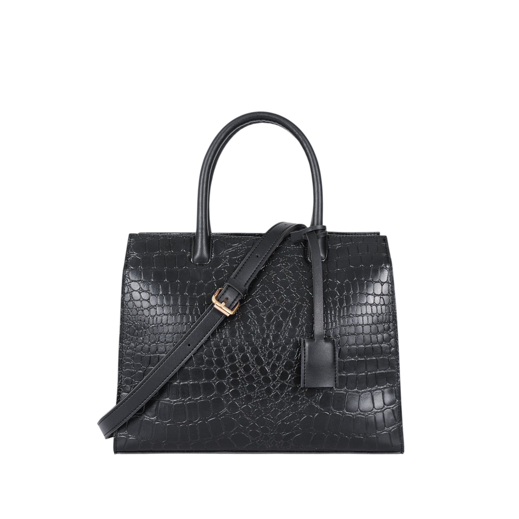 Premier Leather Black Crocodile With Long Adjustable Handbag