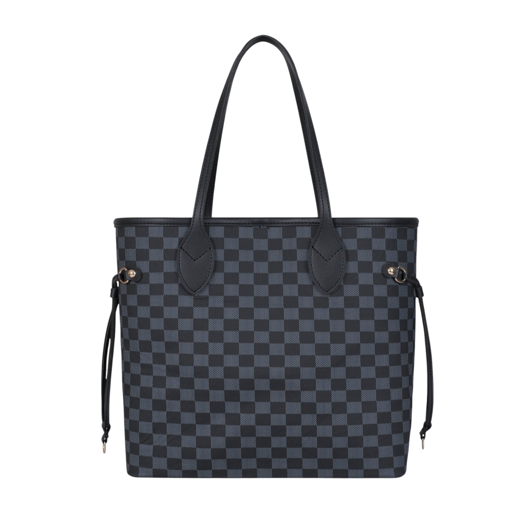 Premier Leather Black Checkered Never full Tote Bag With Zipper Pocket