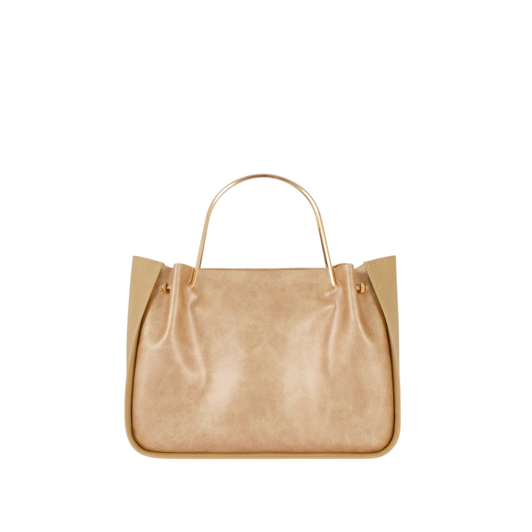 Premier Leather Beige Metallic Handle Shoulder Bag With Zippered Pocket