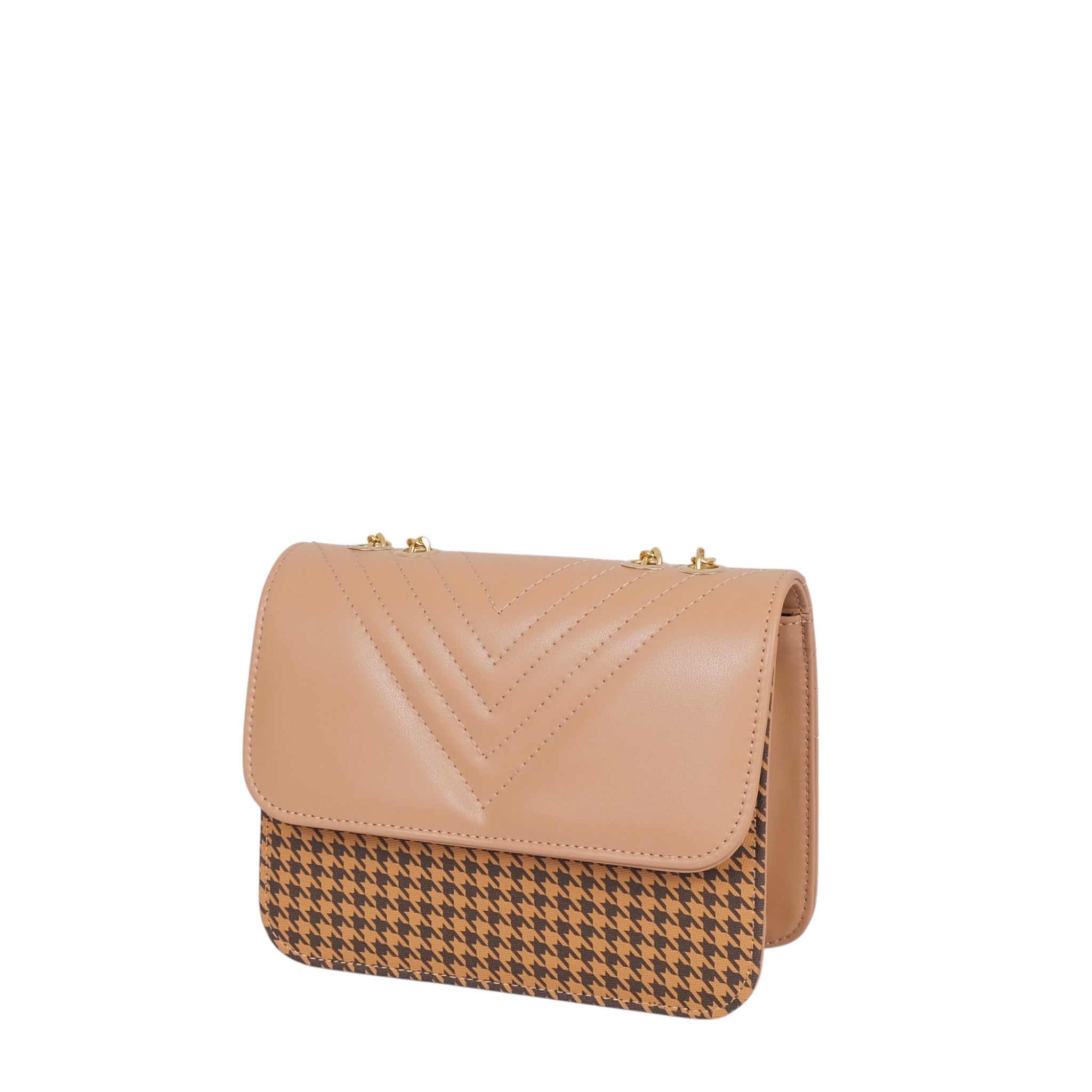 Premier Leather Beige Faux Leather Houndstooth Chain Cross-Body Bag
