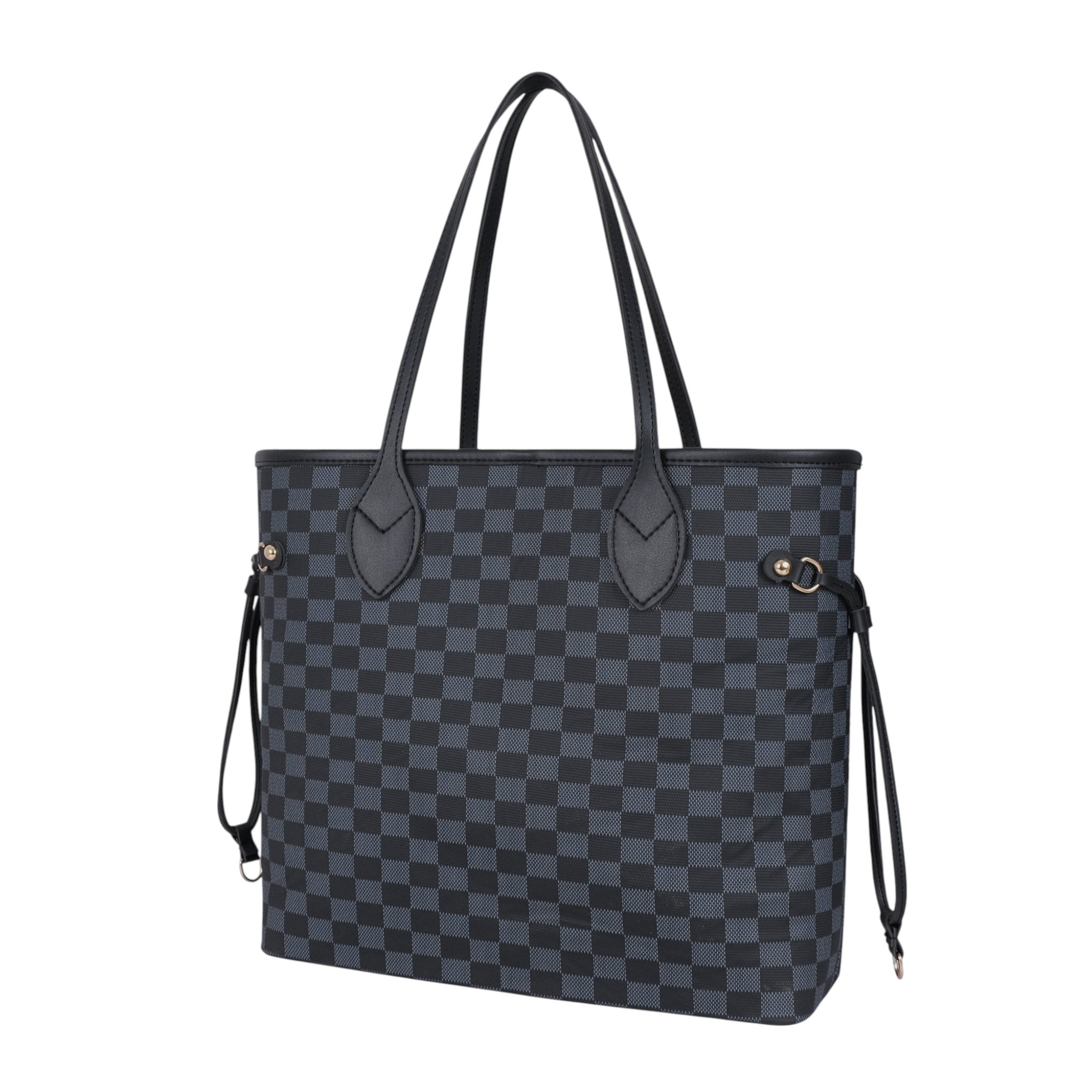 Premier Leather Black Checkered Never full Tote Bag With Zipper Pocket
