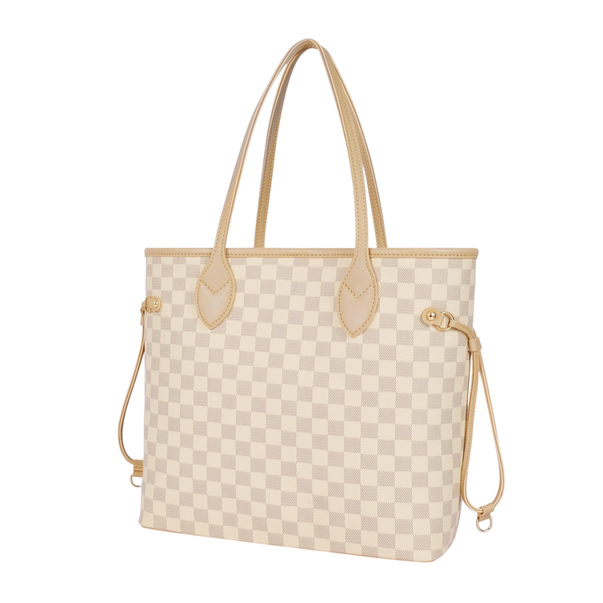 Premier Leather Beige Checkered Never full Tote Bag Zipper Pocket