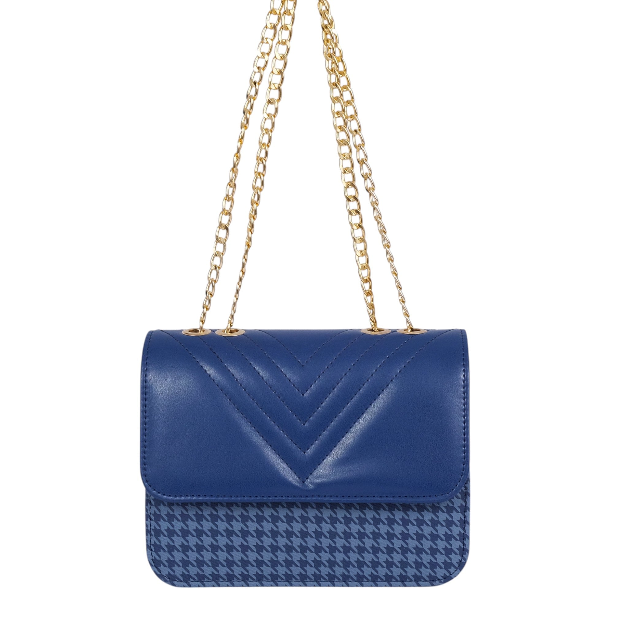 Blue Faux Leather Houndstooth Chain Cross-Body Bag