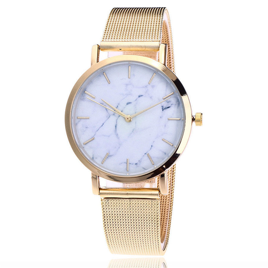 Silver and Gold Mesh Band Creative Marble Wristwatch Casual Women